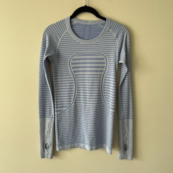 LULULEMON Swiftly Tech Long Sleeve Crew Striped Active Heathered Lullaby Blue 4 - Picture 2 of 7